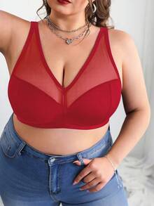 SHEIN CURVE+ 大码纯色网眼插入式无钢圈弧形文胸夏季/乡村/海滩度假装/沙滩装/沙滩装 - 酒紅色 - 查看 4