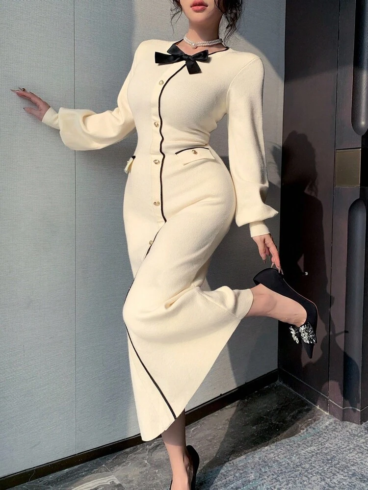 Women's Elegant Colorblock Round Neck Sweater Dress, Autumn