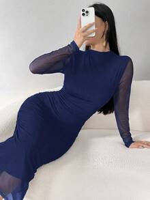 Modelyn Đầm Maxi Dài Tay Cổ Đứng Phối Lưới Xếp Ly Thanh Lịch Cho Nữ Trang Phục Đầm Dạ Hội Dài - Xanh đậm - Xem 8