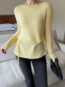 K-Vae 1 pieza Blusa de punto de unicolor, versátil y de manga larga para mujer en otoño/invierno - Amarillo - Ver 5