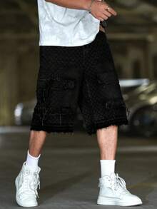 Manfinity LEGND Men's Casual Loose Fit Distressed Denim Wide Leg Shorts - Black - View 5