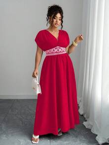 Elenzga Waist Embroidery,Paisley Print,V-Neck,Ruched Shoulders,Cinched Waist,Elegant - Rose Red - View 8