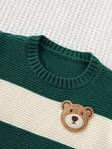 Cozy Pixies Baby Boy Cartoon Bear Striped Pattern Crew Neck Long Sleeve Sweater Fall Winter - Dark Green - View 9