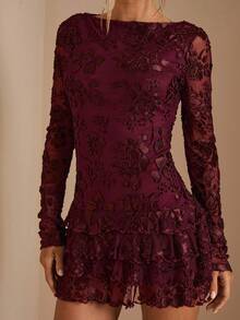 SHEIN BAE Vestido curto feminino cor vinho, cor sólida, elegante, com acabamento em renda, babados em camadas, bainha para encontros, boate, festa de aniversário, dia dos namorados, roupa floral sexy, manga comprida, bolo em camadas, vestidos de verão para mulheres - Borgonha - Ver 6