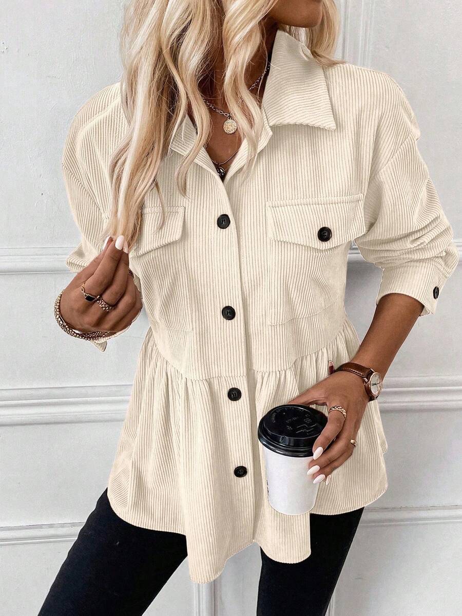 EMERY ROSE Women's Casual Corduroy Single-Breasted Long Sleeve Regular Jacket - Beige - View 1