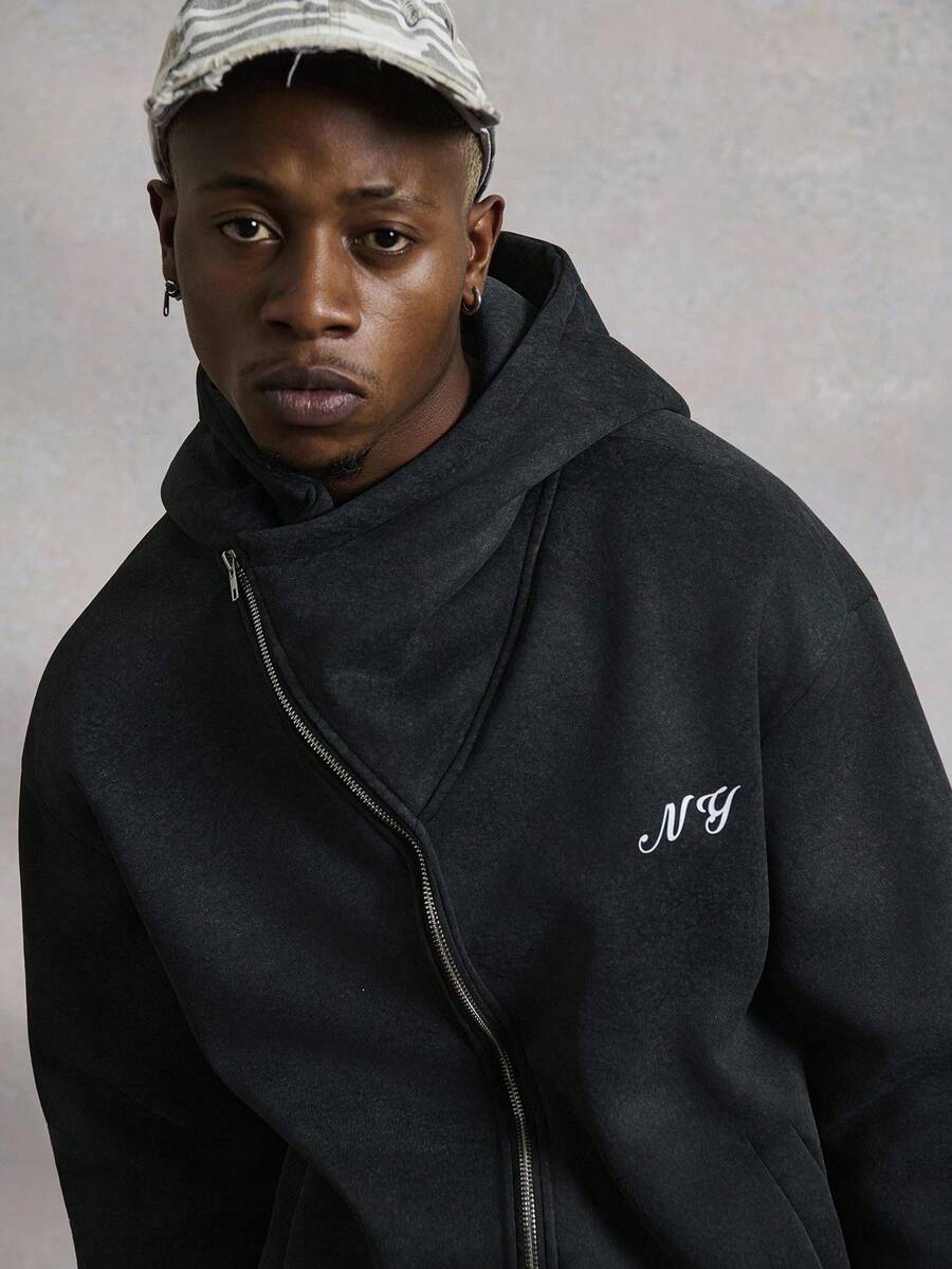 PAVTROS Men's Charcoal Gray Faux Washed Fabric Hoodie Set,Asymmetrical Zip-Up High Neck Thermal Lined Streetwear,Autumn Holiday Halloween Rapper Clothing - Black - View 1