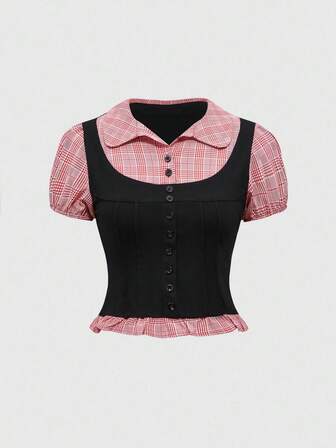 Academia Kollegialer Stil 2 in 1 Schwarz & Grau kariertes Patchwork Kurzarm Damen Hemd