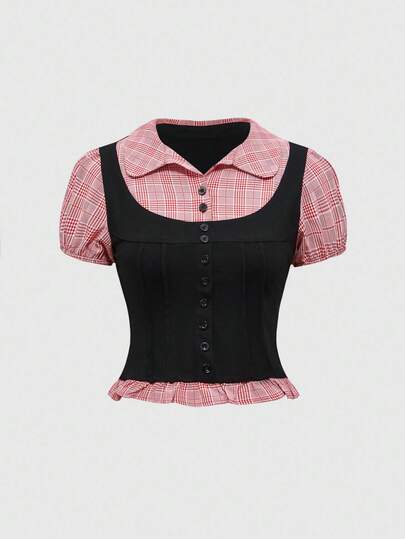 Academia Collegiate Style 2 In 1 Black & Gray Plaid Patchwork Short Sleeve Women Shirt