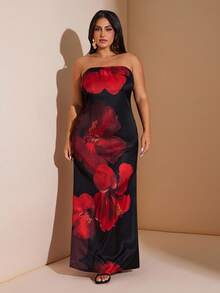 SHEIN BAE Plus Size Women Red /Black Floral Satin Jacquard Dress/ New  Fall Fashion Clothes For Women,Autumn Outfits Women Plus Size ,Halloween Costume,Wedding Guest Dress Women,Going Out Dress Women,Homecoming Dress,Formal Dress Plus Size,Fall Clothes Plus Size,Plus Size Woman Dresses,Dresses Classy Elegant,Birthday Dresses For Women,CURVE,Christmas Women's Clothing,National Day,Graduation/Curvy Elegant Dresses For Party