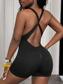 Slaydiva Women's Solid Color Criss-Cross Back Casual Fitness Sports Romper - Black - View 7