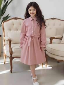 小女孩荷葉袖紐扣腰帶襯衫