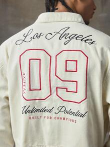 AXEPEAK 男士秋季标语印花长袖口袋休闲夹克，适合秋冬 - 杏色 - 查看 5