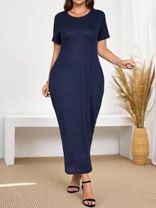 Miaspire 加大码纯色短袖连衣裙，时尚夏季女士夏装，女士春季连衣裙女士加大码连衣裙 - 寶藍色 - 查看 5