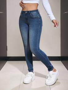 SHEIN PETITE 女式休闲水洗修身牛仔裤 - 中等水洗藍 - 查看 6