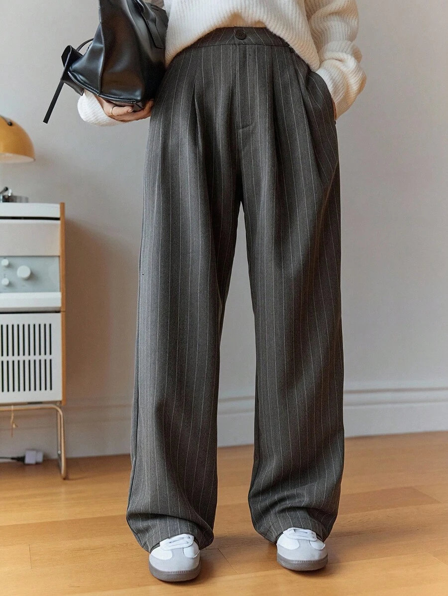 DAZY 女式条纹商务休闲常规裤秋季 - 深灰色 - 查看 1