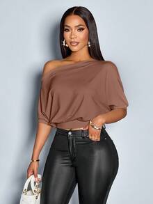 SOLERSUN Women's Solid Asymmetrical Neck Ruched Shoulder Tee - Mocha Brown - View 5