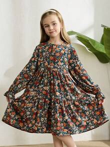SHEIN Tween Girl Dusty Floral Print Flounce Sleeve Ruffle Hem Dress - Multicolor - View 9