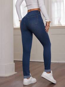 SHEIN PETITE Blugi blugi skinny cu talie înaltă, stil casual pentru femei, toamnă, iarnă, Halloween, Crăciun, Anul Nou, anii 2000, călătorii, naveta, petrecere, vacanță, stilul banilor vechi, cumpărături, banchet, eleganți, casual, minimalisti, cu mustăți de pisică, blugi albaștri, blugi skinny clasici, spălare închisă, pentru femei, pentru ținute casual de zi cu zi, la modă, versatili, cu tiv rulat, pantaloni scurți din denim elastici - Albastru - Vizualizare 2