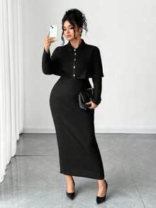 Elenzga Vestido de punto ajustado y elegante de talla grande, adecuado para usar en casa y al aire libre - Blanco y Negro - Ver 5
