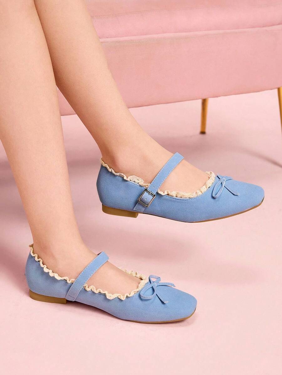 CUCCOO DOLLMOD Women's Casual Versatile Lace Trim Flat Loafers - Blue - View 1