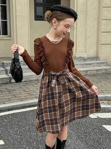 MODELY Tween Girl 女童针织拼布格子连衣裙，舒适罗纹面料，荷叶边下摆，收腰，休闲度假装，适合春秋季节 - 摩卡棕 - 查看 7