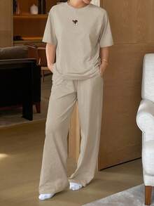 DAZY 可爱卡通印花插肩袖宽松睡衣套装 - 卡其色 - 查看 5