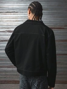 AXEPEAK 男士秋季单排扣实用口袋休闲长袖夹克，Grunge风格 - 黑色 - 查看 2