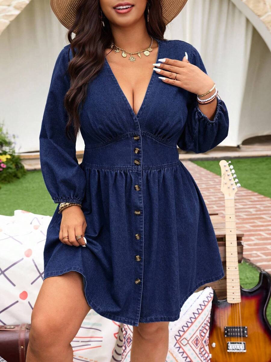 EMERY ROSE 大码女式V领束腰长袖牛仔连衣裙 - 深色水洗藍 - 查看 1