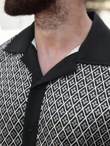 Manfinity Homme Men's Solid Color Patchwork Button Front Casual Short Sleeve Top And Pants Set, Cozy Outfits