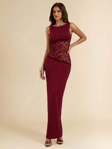 SHEIN BAE Váy ôm sát ren chắp vá không đối xứng màu đen, váy đi nghỉ gợi cảm - Màu Đỏ Sâu - Xem 3