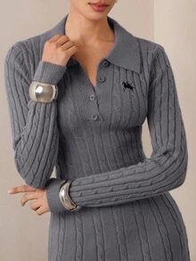 Modelyn Váy dệt kim dài tay cổ polo thêu hình ngựa đi làm cho nữ - Xám - Xem 6