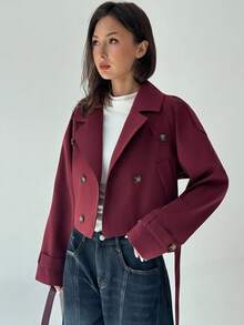 Aloruh Minimalist Commuter Brown Cinched Waist Waist Cropped Khaki Women Trench Coat, Suitable For Autumn - Coffee Brown - View 3