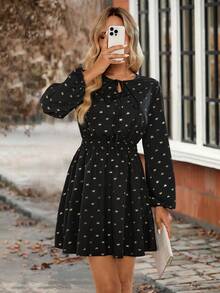 EMERY ROSE Damen Schleifenprint Langarm Kurzes Kleid