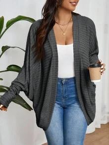 SHEIN Frenchy 大码休闲宽松罗纹针织开衫毛衣大码开衫女士开衫大码开衫灰色开衫曲线开衫秋冬 - 深灰色 - 查看 5