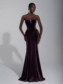 Elitara Thanh lịch, Sang trọng, Thời trang, Gợi cảm, Màu đỏ tía, Vải nhung, Cúp ngực, Viền váy đuôi cá, Xòe, Thích hợp cho kỳ nghỉ, Sự kiện đám cưới, Tiệc độc thân, Váy dạ hội trang trọng, Váy dạ hội trang trọng - Màu tím đậm - Xem 6