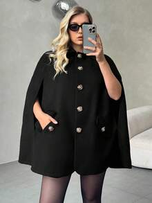 Auralis 大码女式优雅金属花朵纽扣设计斗篷外套，秋冬 - 黑色 - 查看 7