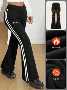 Coolane Women's Winter Streetwear Athleisure Sport Letter Print Stretchy Fleece Lined Warm/ Cold Weather/ Thermal Woven Tape Banded Texture Decoration Comfy Black Boot Cut Flare Pant,Fall