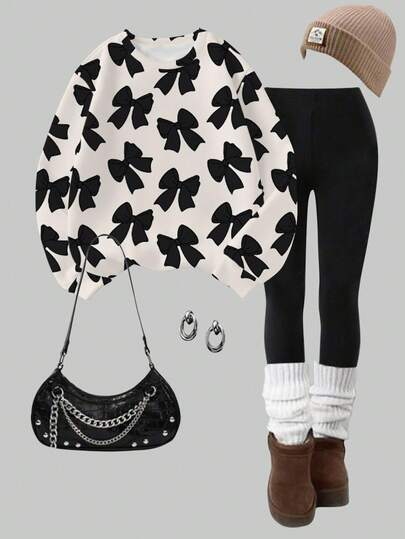 Sparklyn 2pcs Tween Girl Artistic Casual Fashion Sweet Cute Bow Print Full-Width Crew Neck Sweatshirt & Black Leggings Set, Autumn/Winter, Black & White Minimalist Sweatshirt & Leggings Set For Daily Wear & School, Fall Outfit Clothes