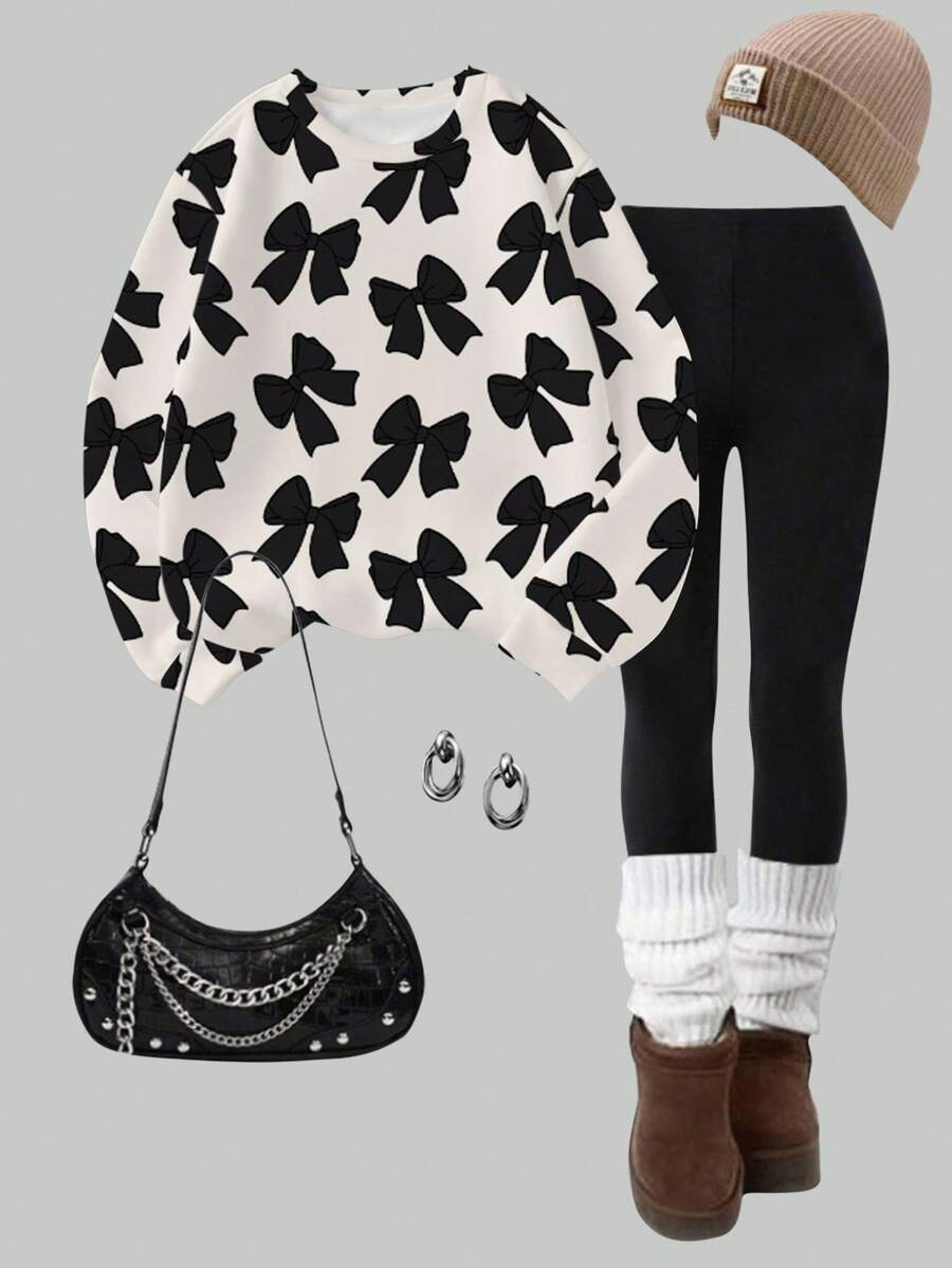 Sparklyn 2pcs Tween Girl Artistic Casual Fashion Sweet Cute Bow Print Full-Width Crew Neck Sweatshirt & Black Leggings Set, Autumn/Winter, Black & White Minimalist Sweatshirt & Leggings Set For Daily Wear & School, Fall Outfit Clothes - Multicolor - View 1