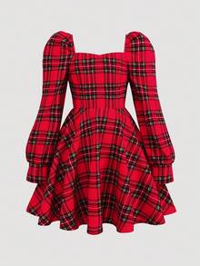 SHEIN Tween Girl Cute Red And White Plaid Dress,Autumn Elegant Puff Sleeve Square Collar Ruffle Hem Flare Dress For Christmas Party,Matching Family,Daily - Red - View 4