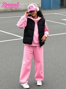 SHEIN Explorewe Tween Girls Pink Winter Casual School 3-Piece Outfit Set,Loose Thermal Lined Hoodie,Wide Leg Sweatpants&Padded Vest,Solid Color Versatile Fall Clothes - Multicolor - View 7