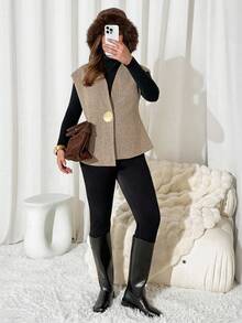 Auralis 大码纽扣装饰优雅时尚无袖背心夹克，秋冬 - 卡其色 - 查看 8