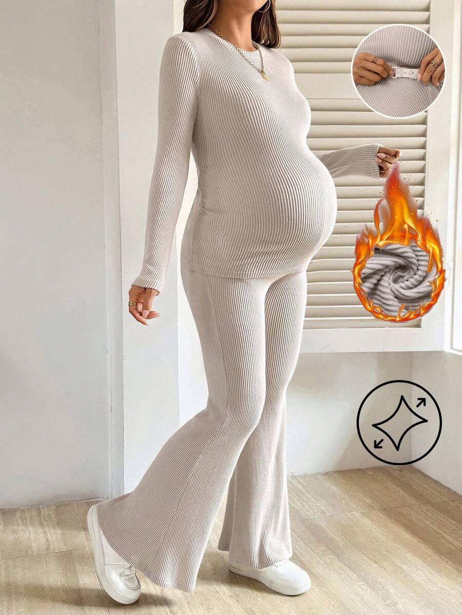 SHEIN 2 Pieces Maternity Apricot Solid Round Neck Raglan Sleeve Ribbed Casual Tops And Flared Pants Set Maternity Two Piece Set Ribbed Two Piece Set Autumn Women Clothing  Beige  Fall - Khaki - View 1