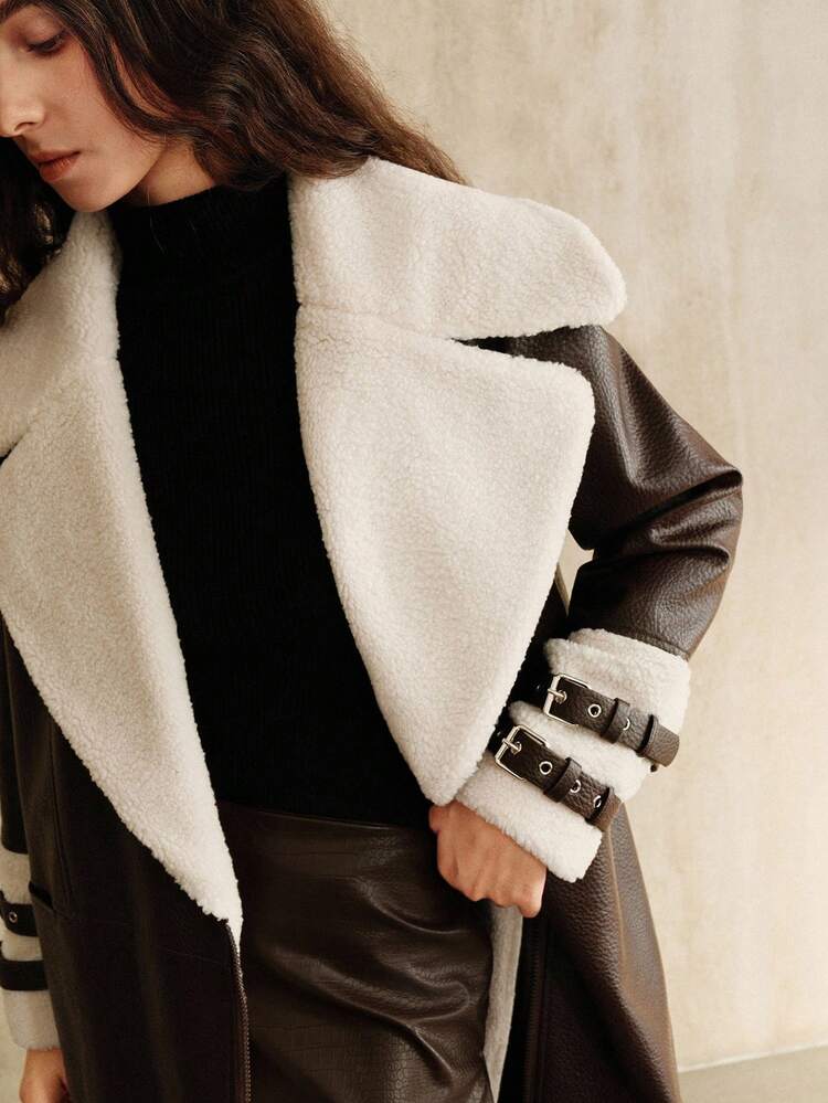 女性用ファッショナブルなターンダウンカラー フェイクファー裏地 長袖デザイン ロングコート、秋、冬、外出、エレガント、フォーマル、パーティー、シック、新年に適しています