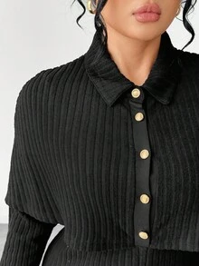 Elenzga Vestido de punto ajustado y elegante de talla grande, adecuado para usar en casa y al aire libre - Blanco y Negro - Ver 7