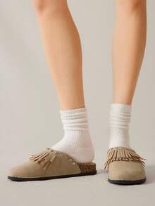 Solecia Giày Brogues mũi tròn có tua rua dành cho nữ, giày bệt có quai khóa kép đính đá lấp lánh, thoải mái khi đi làm, dự tiệc, đi làm, thời trang đa năng - Màu Khaki - Xem 10