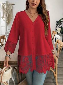 SHEIN Clasi 大码女式V领纯色蕾丝拼布休闲衬衫 - 紅色 - 查看 4