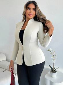 Xyvia 女式粗花呢立领收腰小蘑菇扣设计常规版型简约商务休闲优雅通勤风格西装外套，专业办公室穿着，秋冬 - 白色 - 查看 5