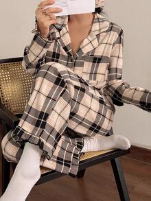 Napfluff 女士休闲格子印花荷叶边长袖睡衣套装，舒适优雅细节，秋冬服装 - 彩色 - 查看 3