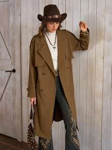 女士复古经典双排扣翻领系腰休闲中长款风衣，LanaWest - 棕色 - 查看 5